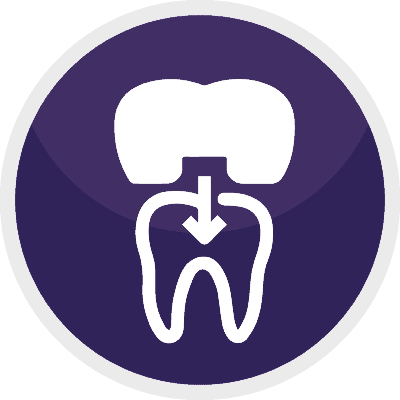 Icon representing dental root canal treatment with a tooth and root canal structure on a dark purple background.
